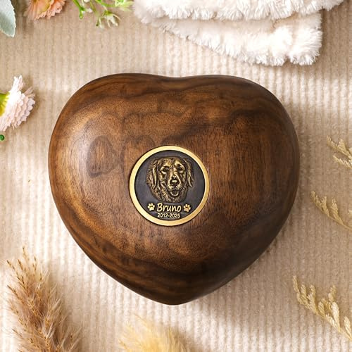 KEMEILA Urne Funéraire Personnalisée pour Animaux de Compagnie avec Incrustation en Laiton, Urne en Bois en Forme de Cœur avec Photo, Souvenir pour Chat ou Chien, Cadeau de Mémoire pour Perte d'un