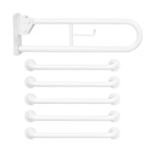 Doc M Fold Down Grab Bar Wall Mounted Bathroom & Toilet Safety Support Rail, Heavy Duty Steel, Blue (White)