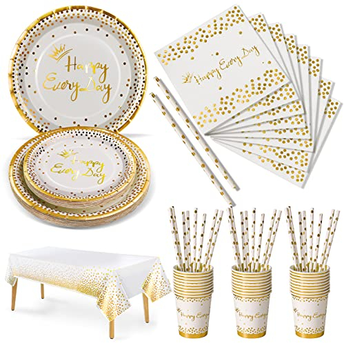Nkaiso 126 Pezzi Bianco Oro Stoviglie per Feste,Happy Everyday Festa Decorazioni Set Include Piatti di Carta Tovaglioli Tazze di Carta Cannucce Tovaglia,per Nuziale Matrimonio,Compleanno(25 Ospiti)
