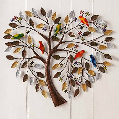 LGESR Metal Tree Of Life Wall Art Deco Hand Painted Heart-Shaped Wall Art Sculptures With Colorful Birds For Garden Living Room