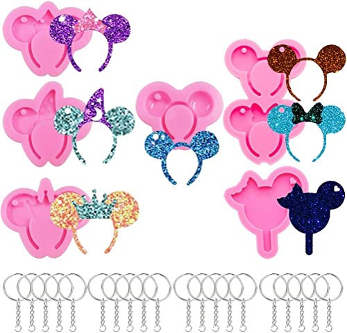ANUBE Mickey Mouse Head Keychain Silicone Molds,6 PCS Silicone Key Chain Molds with Hole+20 PCS Key Rings for DIY Keychain Necklace Pendant,Clay Crafts,Cupcake Cake Topper Desserts Decoration