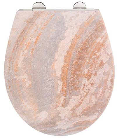 WENKO Toalettsits Canyon, hygienisk toalettsits av antibakteriell duroplast med automatisk sänkning och rostfri fixeringsklämma rostfritt stål hygienfäste, toalettlock med reliefyta, 38 x 44,5 cm
