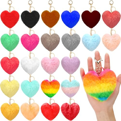 Equsion 24 Pcs Heart Pom Keychain Bulk Colored Faux Fur Pom Gift for Mom Keychains Wholesale for Mother's day and women (Multicolor)