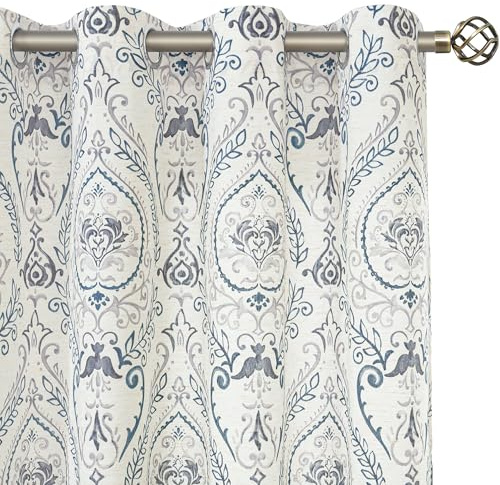 LAMIT Linen Curtains for Living Room 84 inch Length 2 Panels Set, Light Filtering Privacy Grommet Vintage Boho Damask Printed Window Drapes for Bedroom, Greyish Blue, Each 52 x 84 Inch