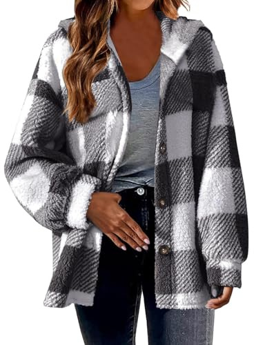 Dyhxuan Veste de transition en peluche pour femme - Manteau d'hiver avec capuche - Élégant plaid - Manteau polaire - Manches longues - Veste d'hiver - Grande taille - Boutons - Manteau d'extérieur