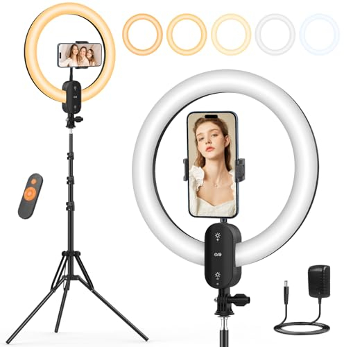 Unicucp 12 Ring Light with Tripod Stand & Phone Holder, 75''/190cm LED Ring Lamp Built in 2800mAh Battery, Tripod with Ring Light Selfie for Photography, Makeup, Video, Live Streaming, YouTube