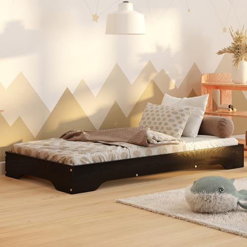 smartwood Kinderbett 90x200 cm mit Lattenrost, aus Holz, Schwarz, TILA 7 | Montessori Bodenbett, Einstiegshöhe 18 cm, Belastbar bis 230 kg, FSC-Kiefernsperrholz, abgerundete Kanten, Einfache Montage