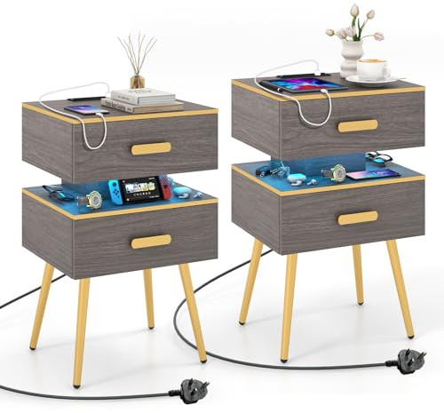 COSTWAY 1/2PCS LED Bedside Table, Smart Nightstand with Charging Station, 2 Drawers, Open Shelf, 16-Color Adjustable Light & Remote Control, Wooden End Sofa Side Tables for Bedroom Living Room (2)