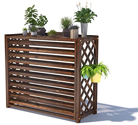 Wetterfeste Fensterläden, Holz-Klimaanlagenabdeckungen, Klimaanlagen-Zaunschirm zum Verstecken, Blumenregal, dekorativer Balkon, braun (Size : 110x51x85cm)