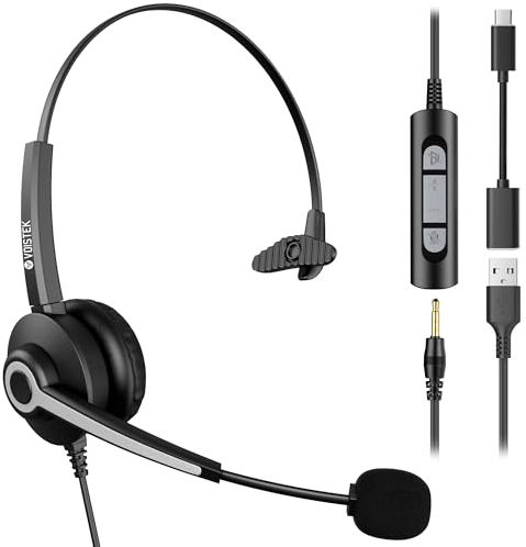 Voistek USB Headset mit Mikrofon für Laptop PC, Geräuschunterdrückung, Typ C-USB-3,5mm Jack Kopfhörer für Callcenter, Skype, Zoom, Home Office, Online-Kurse