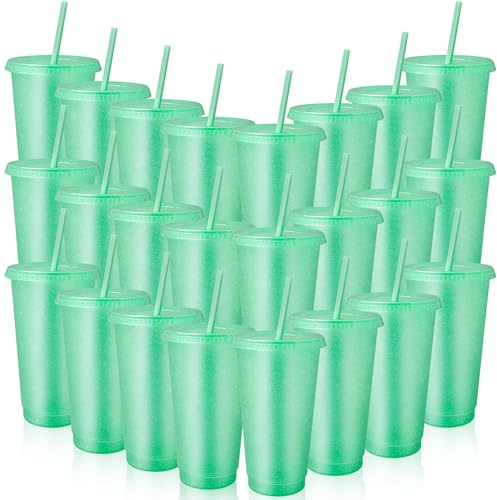 24 Pcs Reusable Cups with Lids and Straws 24 oz Glitter Iced Coffee Tumbler Plastic Travel Mug Cup for Smoothie Juices Birthday Sleepover Party Supplies (Light Green)