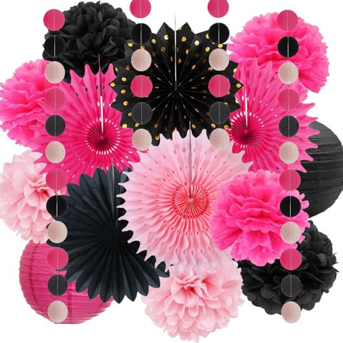 Hot Pink Party Dekoration Fuchsia Pink Papier Dekoration für Mädchen Frauen Hot Pink und Schwarz Seidenpapier Pom Poms Hängende Papierfächer Geburtstag Hochzeit Graduierung Dekoration