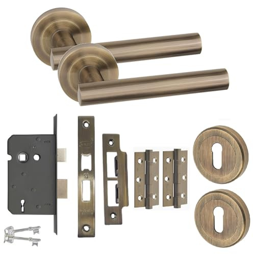 Golden Grace T-Bar Door Handle Lock and Hinge Set, Antique Brass | Includes 3-inch ball bearing hinges, a keyhole escutcheon, and a 64mm mortise lock with 45mm backset for interior doors.