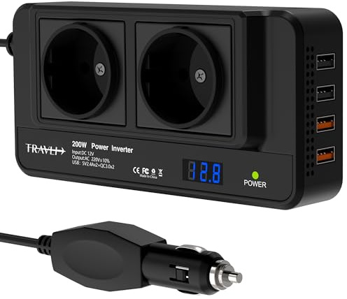 Travli Convertidor 12V 230V - Inversor Coche - Transformador 12V a 230V - 4 Puertos USB y 2 enchufes UE - Accesorios Camping