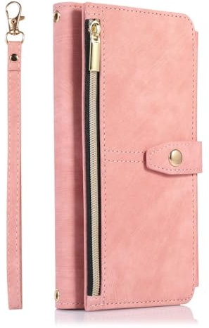 CIBOS Custodia per telefono con cerniera per iPhone 15 Pro Max 14 13 12 11 15 Pro Max 15 Plus 15 Pro Custodia in pelle con cinturino da polso, tasca per carte, rosa, per iPhone 13 Mini