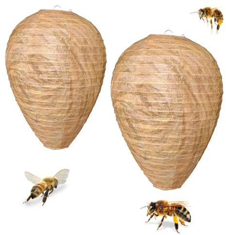 2 Stück Wespennest Attrappe, Hornissennest Attrappe, Wespenfalle Künstliches Nest, Aufhängen Künstliche Wespennesterköder, Vertreiben Fernhalten Bienen, Anti Wespen Abwehr für Haus und Garten