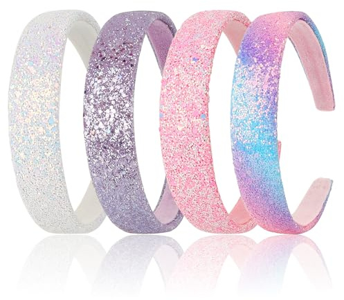 4 PCS Diadema Niña,Diademas con purpurina para Niñas Bandas Anchas Acolchadas para el Cabello Bonitas, Antideslizantes, Modernas, para Mujeres, Niñas,Blanco, Morado, Rosa, Azul