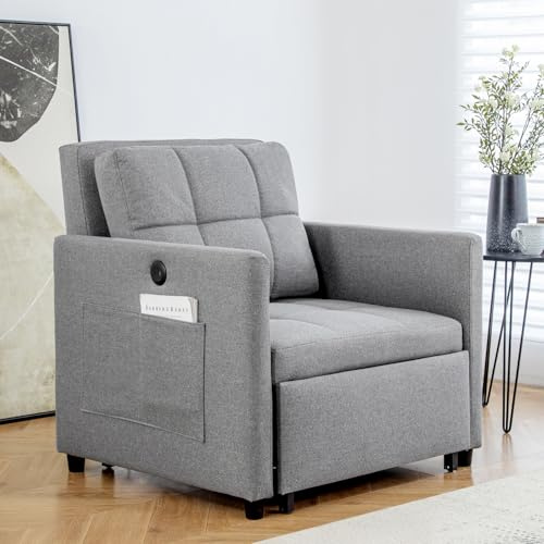 Single Sofa Bed with Storage, Dual USB-C Charging & 3-in-1 Sleeper Chair Design - Compact Foldable Sofa Bed for Studio Apartments, Small Spaces & Compact Living Rooms (Grey)