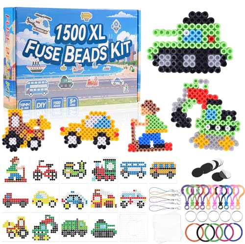 1500 Stück 10mm Bügelperlen Set, 12 Bunte Farben XL Steckperlen mit 15 Verkehrs Thema Muster, Steckplatte, Bügelpapier und Pinzette ab 3 jahre für Kinder Kreatives Perlenset