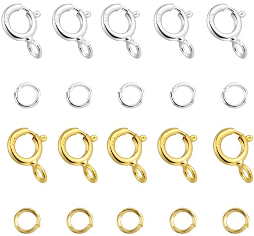 20 Stück Sterling Gold Silber 925 Kettenverschluss Federverschlüsse, Federring Verschluss, Federschnalle mit Offenen Biegeringe für Armbänder Halskette Verlängerungskette