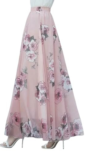 YIMAISZQ Langer Rock Damen Sommer Chiffon Floral Maxi Frauen Taille Urlaub Tanzrock Elegante Strand Boho Lady Vintage Girl Fee-rosa Blume-m
