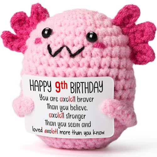 WEYON 9 Year Old Girl Birthday Gift Ideas, Mini Crochet Axolotl Plush for 9th Birthday Gift for Girls, 9th Pink Decorations, 9 YO Presents Axolotl Toy
