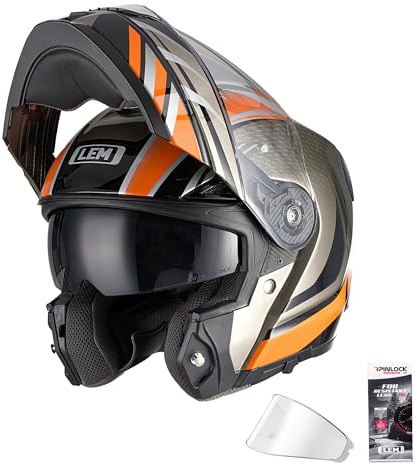LEM Modular Motorcycle Helmets Fiberglass, Full Face Motorcycle Helmet Flip Up for Touring, DOT Certified, Release Sun Visor & Removable Comfort Liner, Lightweight Street Bike Helmet (Orange, M)