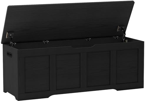 Timberer 47.2 Storage Chest, Extra Large Storage Trunk with 2 Safety Hinges, Wooden Storage Bench, Shoe Bench, Entryway Bench for Living Room, Bedroom, Black