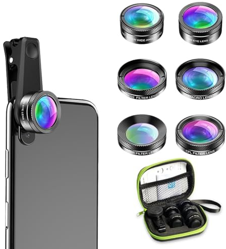 Textiluxe 6 in 1 Lenti Cellulare Fotocamera, macro lens, obiettivo fisheye 205 ° + grandangolo 140 ° +macro 25x e CPL/Star/ND Filter per iPhone Samsung e la maggior parte degli smartphone