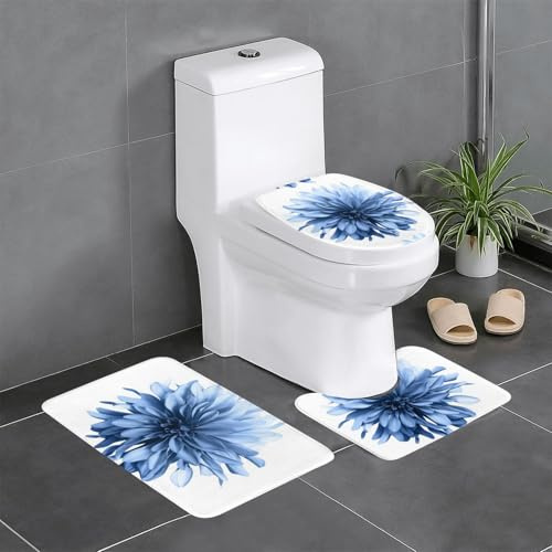 WHJSHOP Juego de alfombrillas de tres piezas con estampado de flores de dalia azul, absorbentes de agua y antideslizantes para baños, inodoros y cocinas