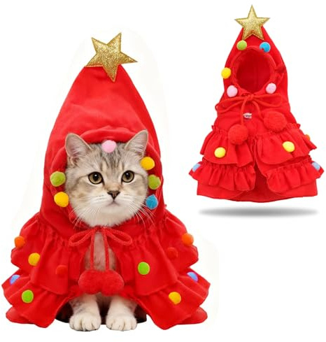 FOSDICK Costume di Natale per gatti di Natale, mantello di Natale con stella e pompon, costume di Natale per gatti e cuccioli, rosso