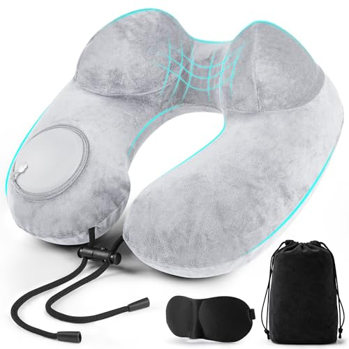 KUOGAS Cuscino da Viaggio Gonfiabile, Cuscino Aereo, Cuscino da Viaggio Regolabile e Portatile, Supporto Ergonomico Cuscino Cervicale, Viaggio Accessori utili con Maschera (grigio)