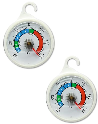 2PCS Fridge Freezer Thermometer - 52mm Dial Refrigerator Thermometer - Analogue Fridge Thermometer with Colour Coded Zones - Hanging or Standing Temperature Gauge for Fridges Freezers Cold Storage (±2
