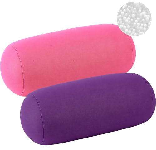 Xaztr 2 Pcs Microbead Roll Pillow, Neck Support Cylindrical Pillow Soft Bolster Micro Bead Pillows for Sleeping Home Travel Neck Head Back Support, 30x16cm (Purple, Pink)