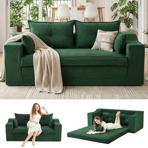 APICIZON Schlafsofa, 2-in-1 Boneless Couch, Bodensofa mit Kissen, 2 Sitzer Sofa Bed mit Schlaffunktion, Klappbare Matratze für Wohnzimmer, Schlafzimmer, Gästezimmer (Cord-Grün, 144 cm Breit)