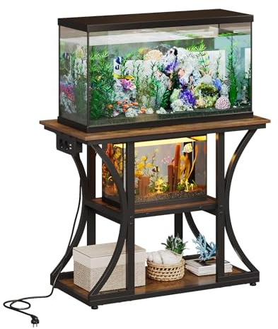 VEDECASA Aquariumständer für 50 Gallonen mit Steckdosen, Rustikaler Aquarium Regal mit 3 Ebenen Stoffschublade für Aquarien,Reptilien & Terrarien Aquarienschrank Robuster Metallrahmen (Braun)