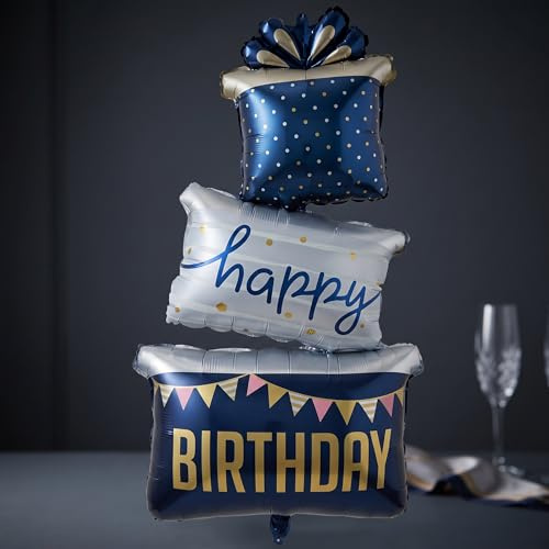 3-Tier Gift Box Birthday Balloons - Reusable Foil Balloons for Adult Parties, Helium Compatible Self-Sealing Balloon Decor for Birthday Celebration