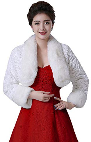 Oncefirst Women's Winter Faux Fur Wedding Jacket for Bride Wrap Shawl Bolero Jacket Ivory M