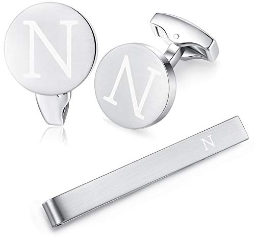 HONEY BEAR manschettenknöpfe & krawattennadel Set Initialen Buchstabe Herren Edelstahl Hochzeit Cufflinks Manschettenknopf Silber，A-Z,MEHRWEG (N)