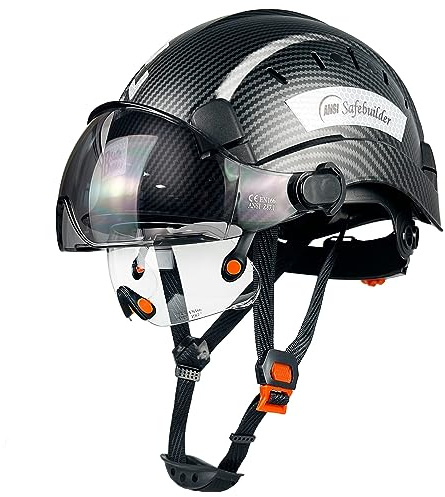 SAFEBUILDER CR06+2V Construction Safety Helmet with Build-in Visor ABS Hard Hat with Visor Adjustable Ventilation Hardhats Work Head Protection ANSI/ISEA Z89.1 (01-Matte Black Hat with CS Visors)