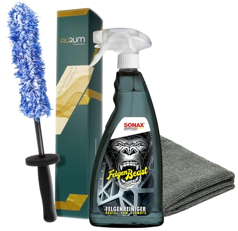 detailmate Felgenreinigungsset: SONAX FelgenBeast Felgenreiniger 1L + Aurum ultraFlat Microfaser Felgenbürste + Mikrofasertuch 320GSM