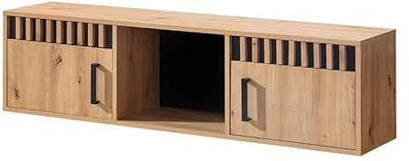 MINIO go for it - Hängeschrank Melle, 135x36x32 cm, Wandregal, Hängevitrine, 2 Türen und 3 Nischen, Hängeschrank, Dekorpaneel, Ideal für Wohnzimmer - Artisan Eiche/Schwarz Matt