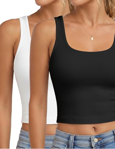 2Piece Crop Tops for Women, U Neck Sleeveless Tank Tops, Basic Cropped Racerback Going Out Tops Athletic Sports Shirts, M, Black+White