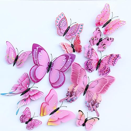 Lohill 36 Stück 3D Schmetterlinge Deko Schmetterling Wanddeko Butterfly Wandsticker 3D Wandtatoo Schmetterlinge Balkon Deko, Simulation Kunststoff Schmetterlinge, Kühlschrankaufkleber (Rosa)
