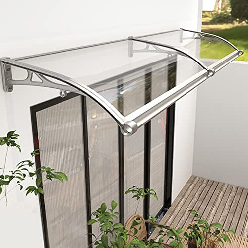 Outdoor Door Awning Waterproof Rain Shelter with Soundproofing Transparent Board + Silver Grey Bracket 80X270cm/31inX106in Back Door Canopy and Window 80cm Wide