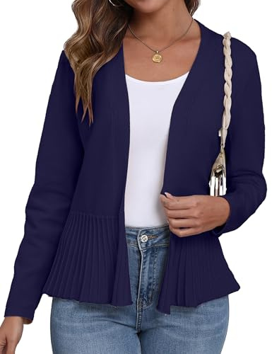 GRECERELLE Cárdigan ligero de punto para mujer, para primavera y verano, con frente abierto, recortado, informal, drapeado, azul marino, M