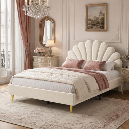 BRILVERDE Sängklädsel, 140 x 200 cm, dubbelsäng, sammet, snäckliknande säng med gyllene järnben, höjdjusterbart huvudgavel (beige)