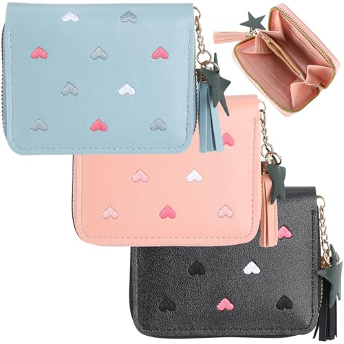3 portafogli per ragazze, portafogli per bambini, in pelle PU, con nappa e chiusura lampo, per adolescenti, ragazze, donne (blu rosa nero)