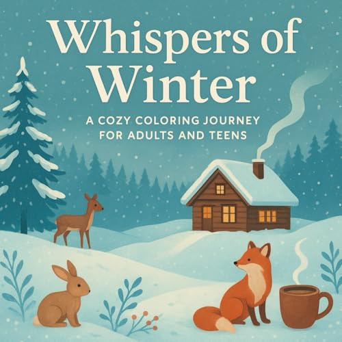 Whispers of Winter – En Mysig Målarbok för Vuxna och Tonåringar: 45 Vinterillustrationer med Snö, Stugor och Djur – Avkoppling och Stresslindring