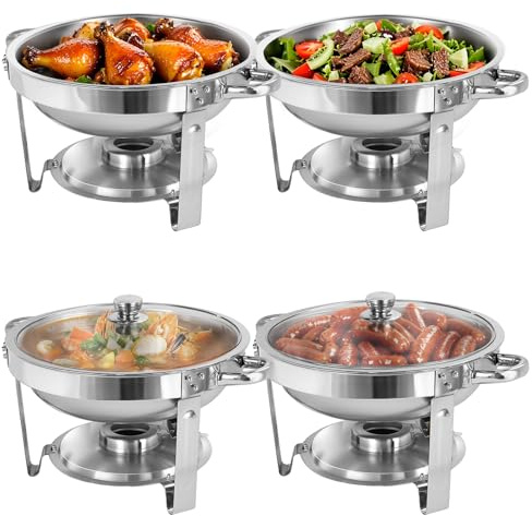 EVGTTI Chafing Dish Buffet Set, 4 Pack 5QT Round | Chafers for Catering, Glass Lid, Stainless Steel, Food Warmers, for Any Partie